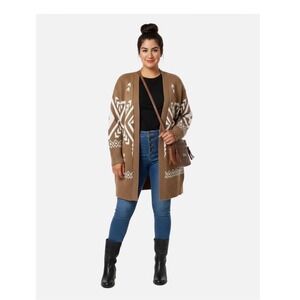 Ruby Moon Women Tan White Geometric Pattern Long Open Front Cardigan Sweater XS
